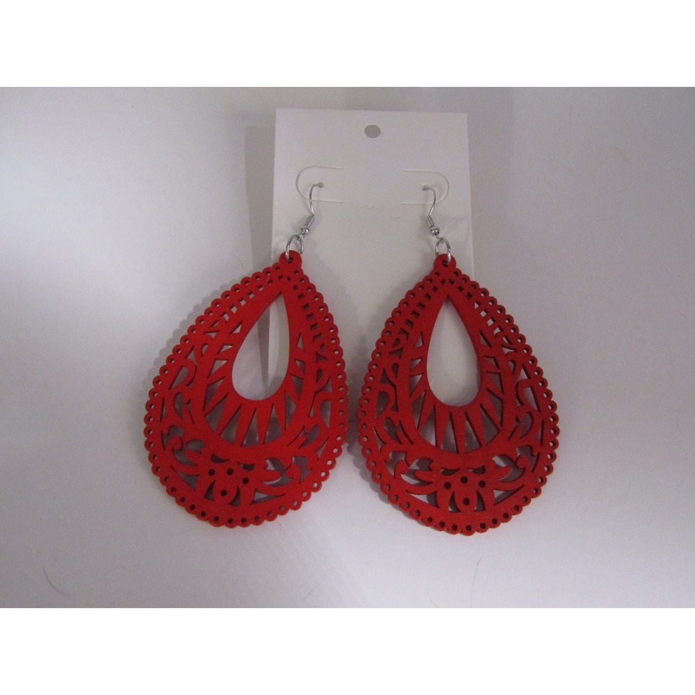 Red Wood Teardrop Filigree Cutout Dangle Earrings Boho Statement Jewelry NEW